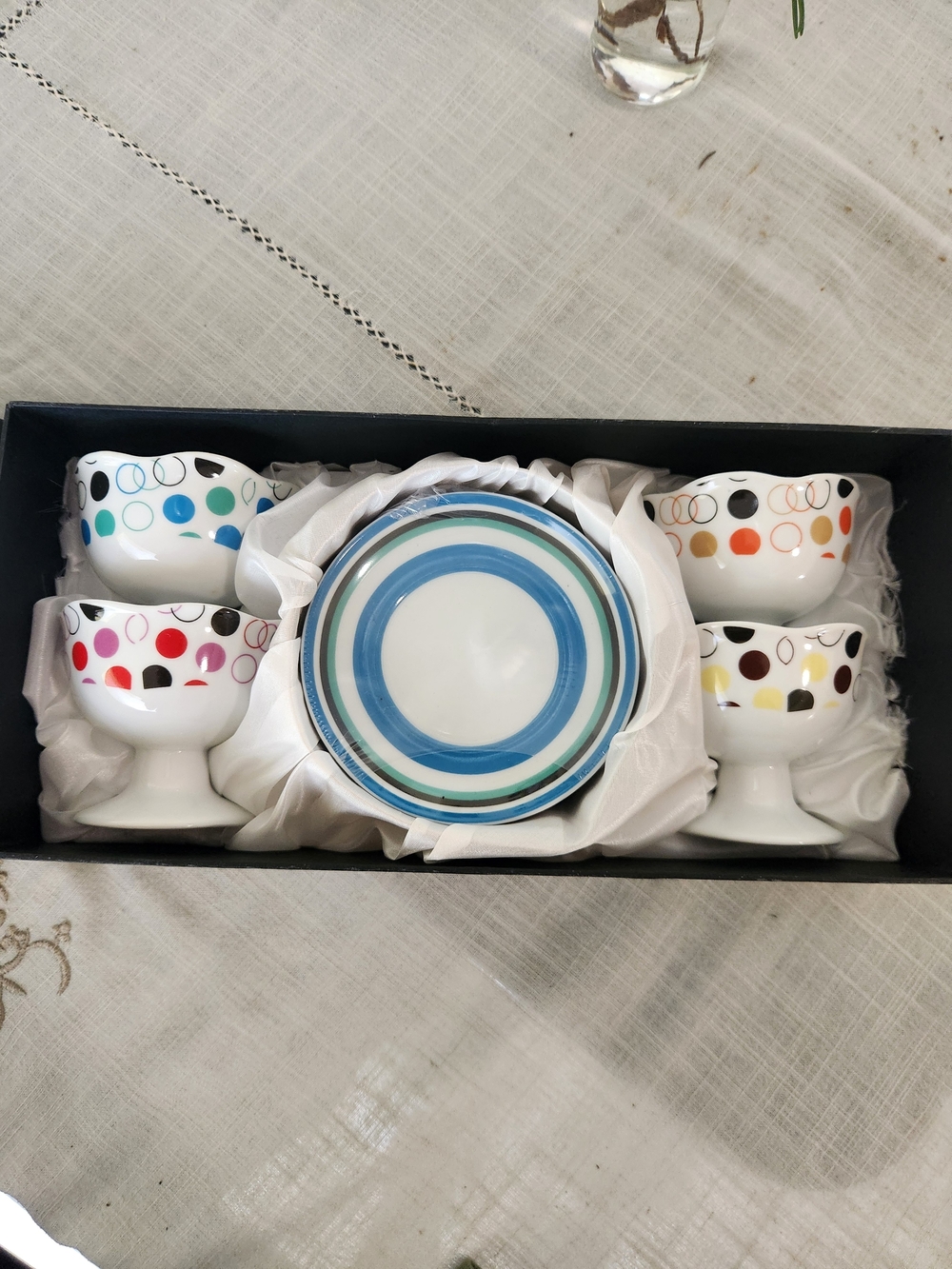 Bijoux Terner Multicolor Polka Dot Dessert Bowl and Blue Stripe Plate Set